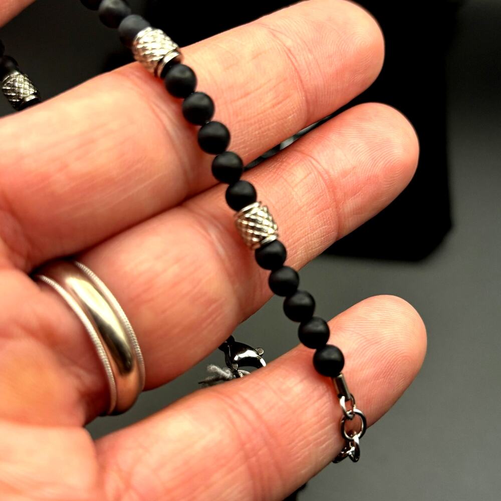 Blackjack BJS37BON Mens Genuine Onyx Stainless Steel Beaded Bracelet NIBWT - Picture 8 of 17